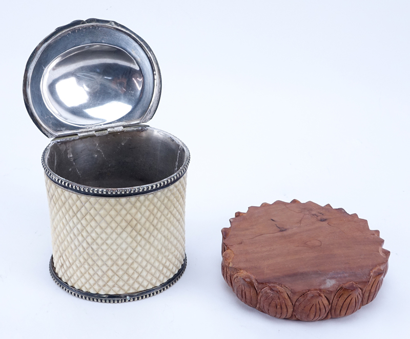 Victorian Silver Plate and Ivory Tea Caddy on Wooden Base.