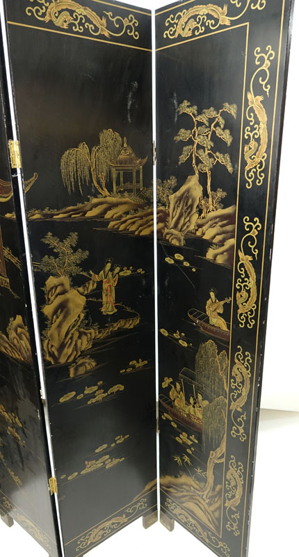 Modern Chinese Lacquered 4 Panel Screen.