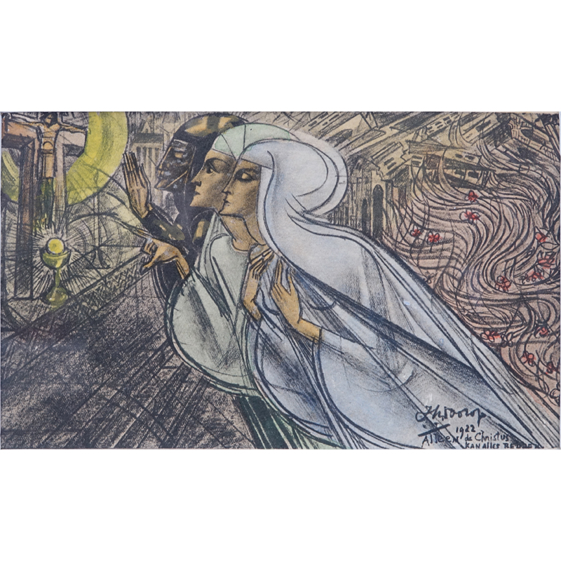 Jan Toorop, Dutch (1858-1928) Hand-colored Lithograph Postcard “Allen de Christus kan alles redden” 