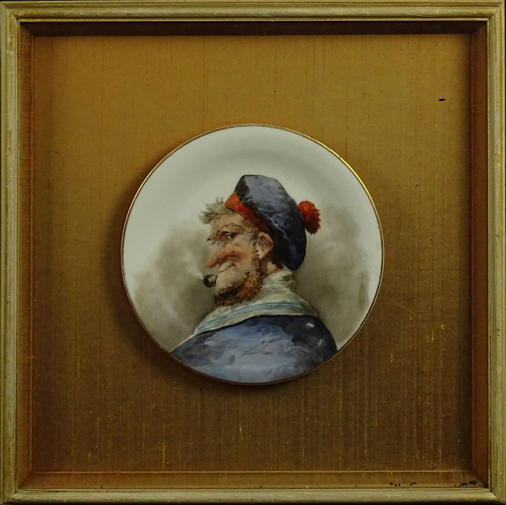 Pair of Early 20th Century Hand Painted Porcelain Plates in Shadow Box Frames "Sailorman" and "Son of a Sailorman". 