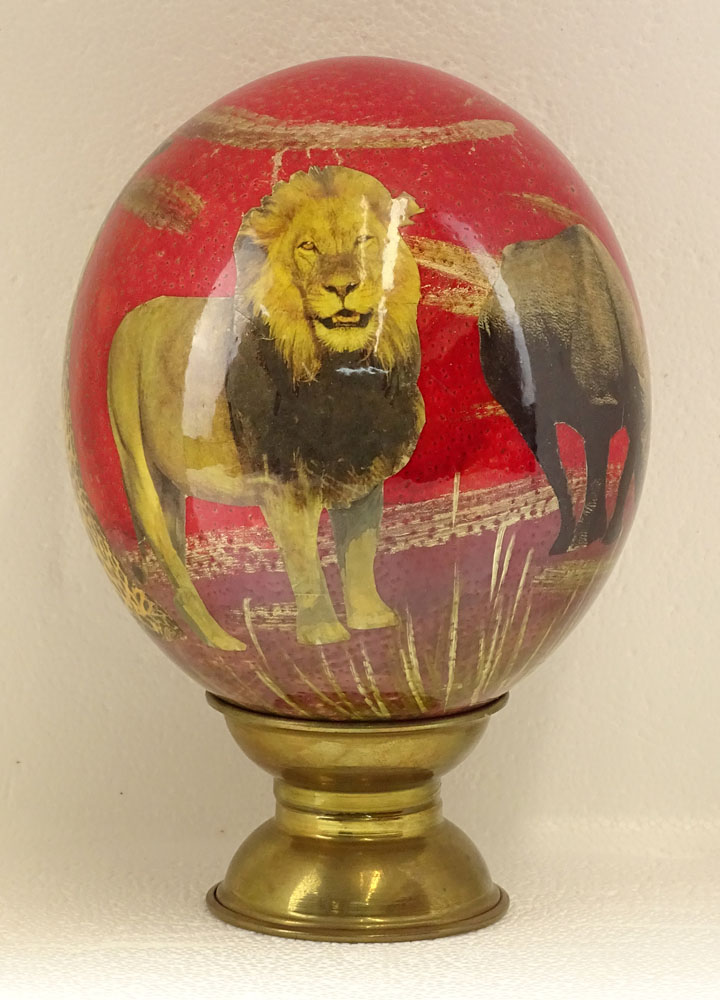 Painted and Decoupage Ostrich Egg with Brass Stand.