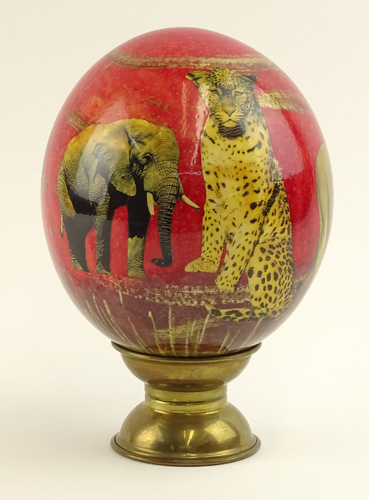 Painted and Decoupage Ostrich Egg with Brass Stand.