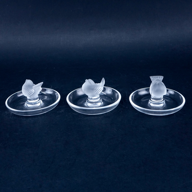 Set of Three (3) Lalique Finch Bird Frosted and Clear Ring Holders.