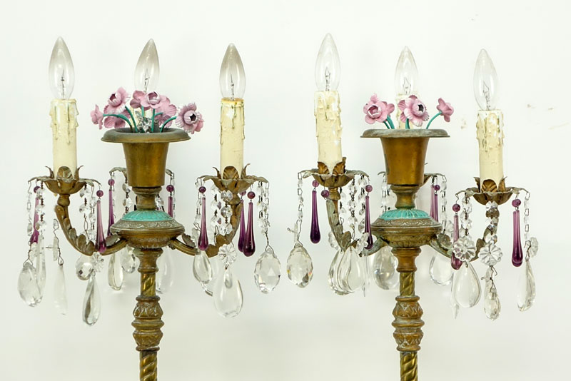 Pair of Vintage Italian Tole And Prism Stick Lamps.