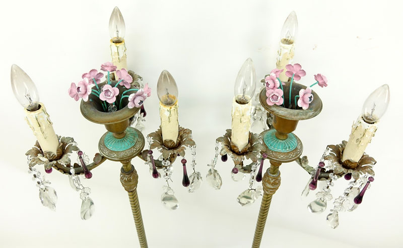 Pair of Vintage Italian Tole And Prism Stick Lamps.