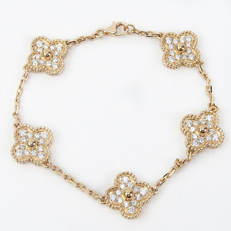 Van Cleef & Arpels style Diamond and 18 Karat Rose Gold Alhambra Bracelet. .