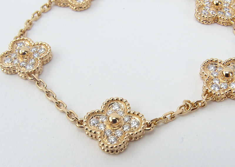 Van Cleef & Arpels style Diamond and 18 Karat Rose Gold Alhambra Bracelet. .