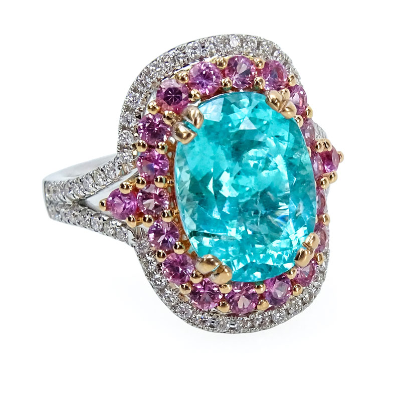 AGL Certified Rare 5.27 Carat Oval Cut Mozambique Natural Paraiba Tourmaline, Pink Sapphire, Diamond and 18 Karat White Gold Ring. .