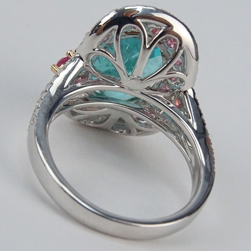 AGL Certified Rare 5.27 Carat Oval Cut Mozambique Natural Paraiba Tourmaline, Pink Sapphire, Diamond and 18 Karat White Gold Ring. .