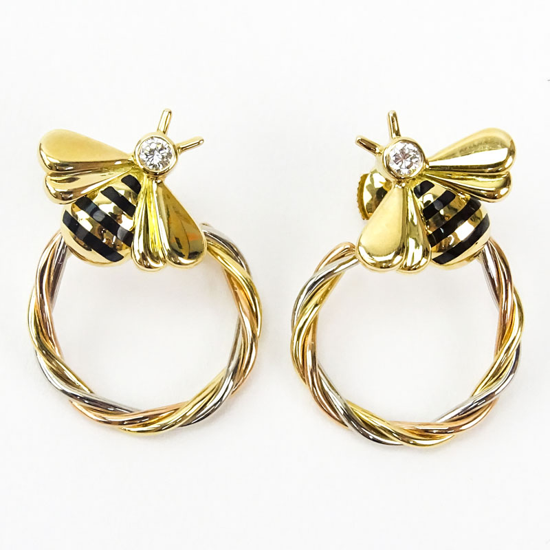 Vintage Cartier Diamond, Enamel and 18 Karat Tri-Color Gold Bee Twisted Hoop Earrings. 