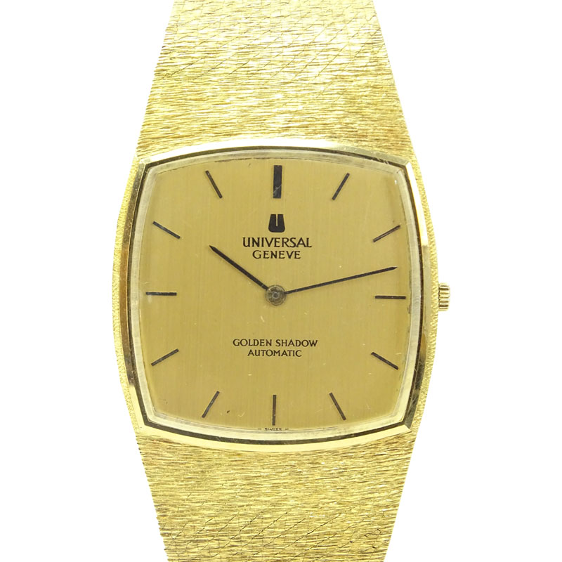 Man's Vintage Universal Geneve 18 Karat Yellow Gold Golden Shadow Bracelet Watch with Automatic Movement.
