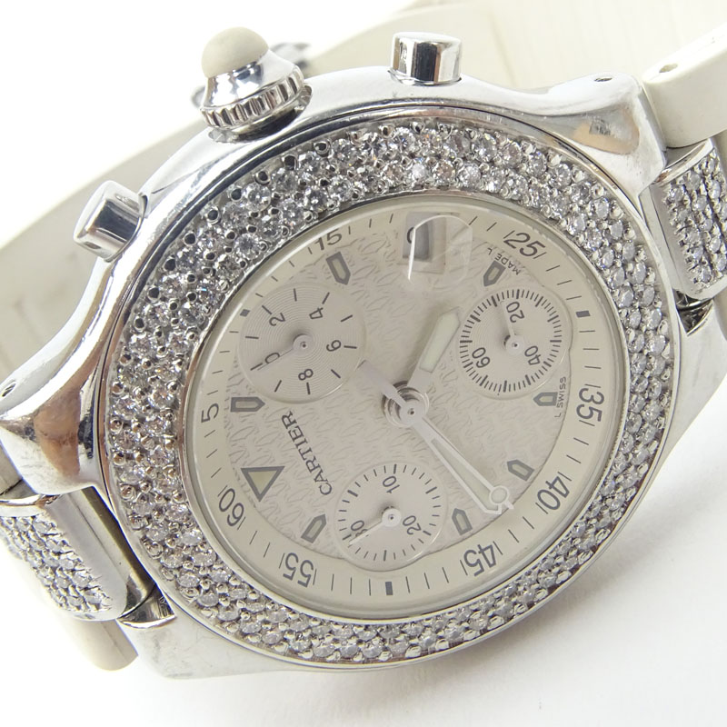 Vintage Cartier 21 Chronoscaph Stainless Steel Watch with Rubber Strap and After Market Diamond Accents, Quartz Movement. 