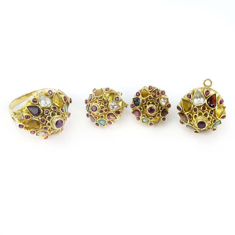 Antique Multi Gemstone and 14 Karat Yellow Gold Ring, Pendant and Earring Suite. 