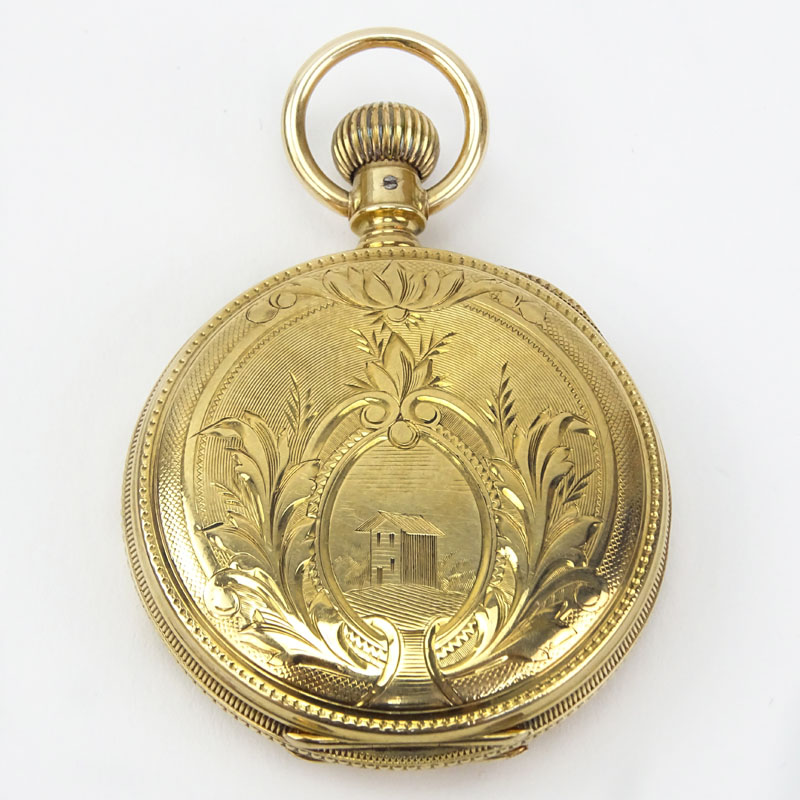 Antique Elgin 14 Karat Yellow Gold Engraved Pocket Watch.