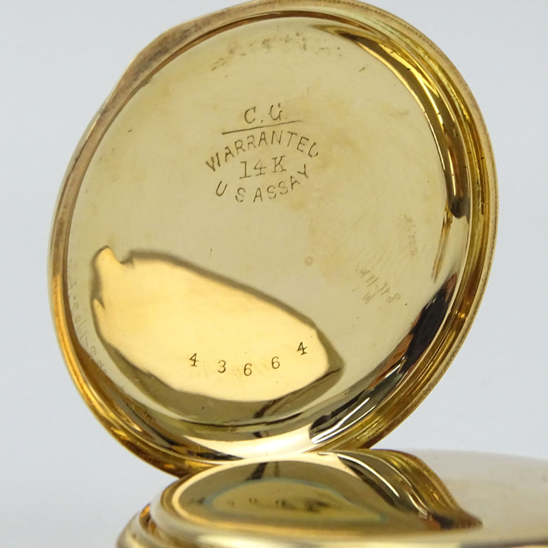 Antique Elgin 14 Karat Yellow Gold Engraved Pocket Watch.