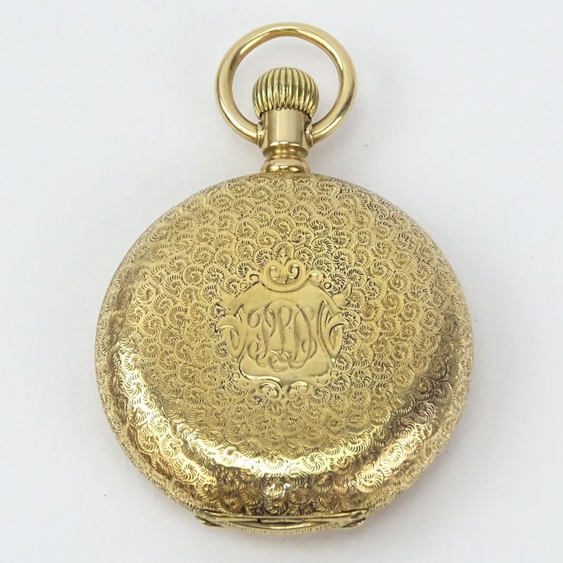 Antique Elgin 14 Karat Yellow Gold Engraved Pocket Watch.