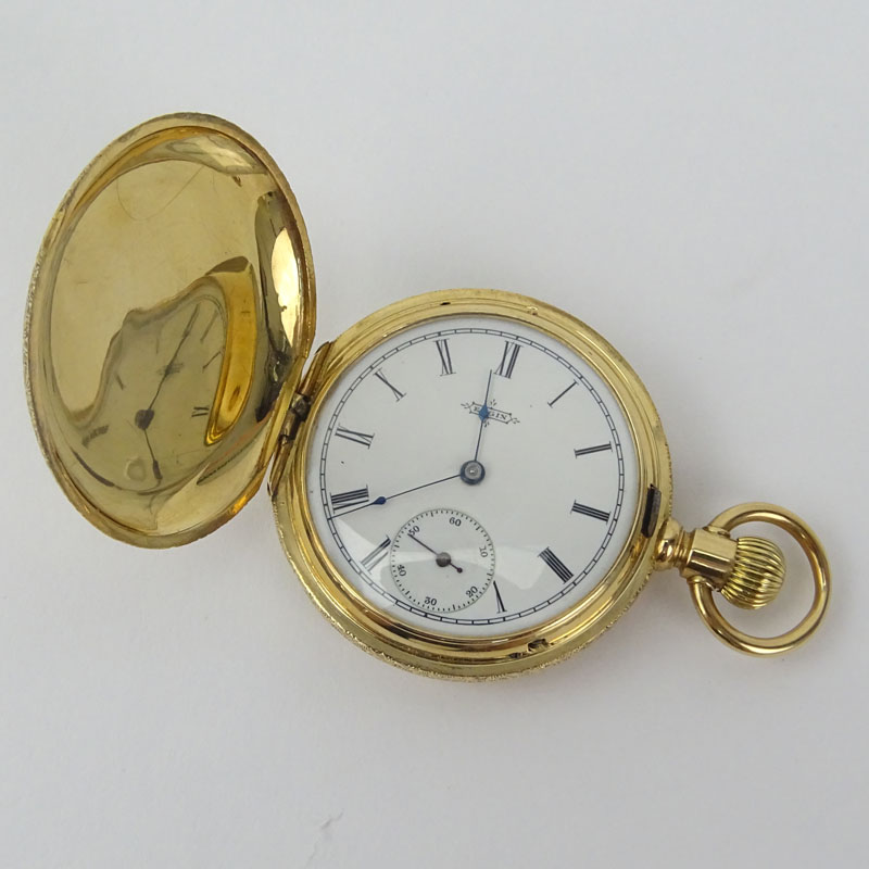 Antique Elgin 14 Karat Yellow Gold Engraved Pocket Watch.