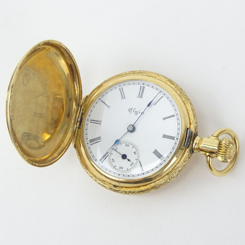 Antique Elgin 14 Karat Yellow Gold Engraved Pocket Watch.