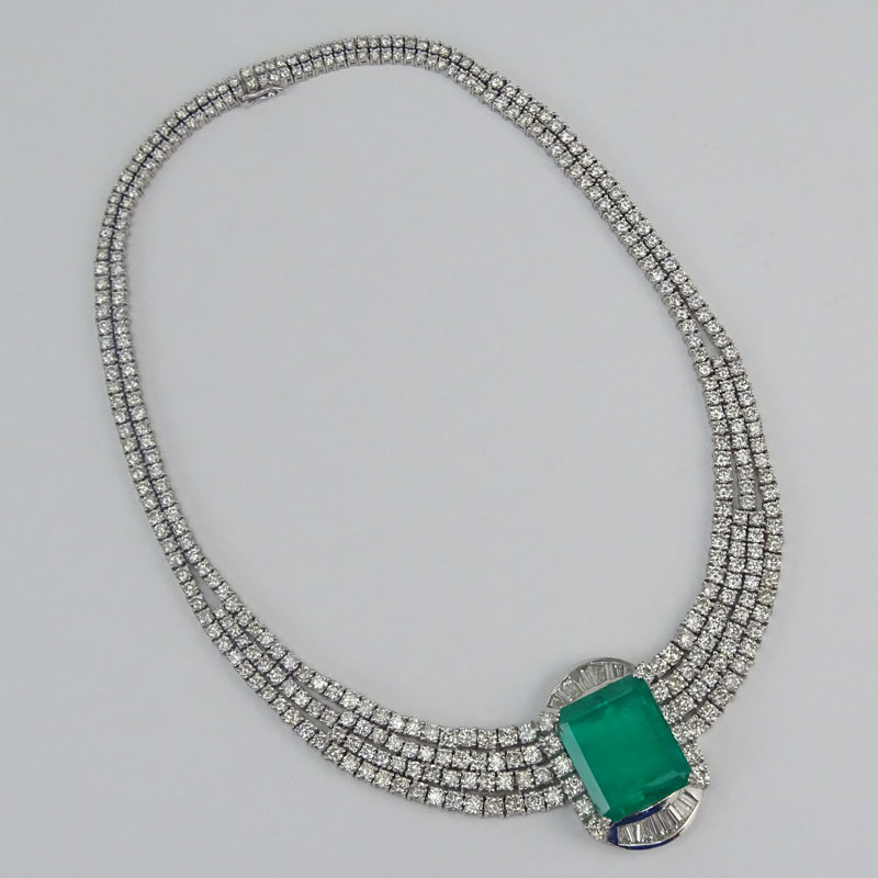 Important Vintage Approx. 40.0 Carat Colombian Emerald, 40.0 Carat Round Brilliant and Tapered Baguette Cut Diamond and 18 Karat White Gold Necklace.