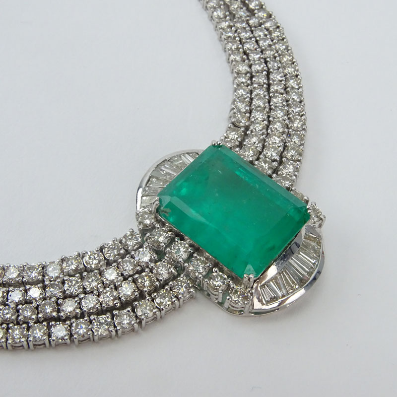 Important Vintage Approx. 40.0 Carat Colombian Emerald, 40.0 Carat Round Brilliant and Tapered Baguette Cut Diamond and 18 Karat White Gold Necklace.