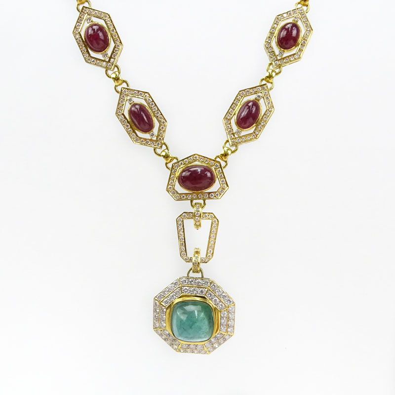 Vintage David Webb style Large Sugar Loaf Cabochon Emerald, Thirteen (13) Cabochon Ruby, Approx. 17.0-18.0 Carat Pave Set Diamond and 18 Karat Yellow Gold Detachable Pendant Necklace.