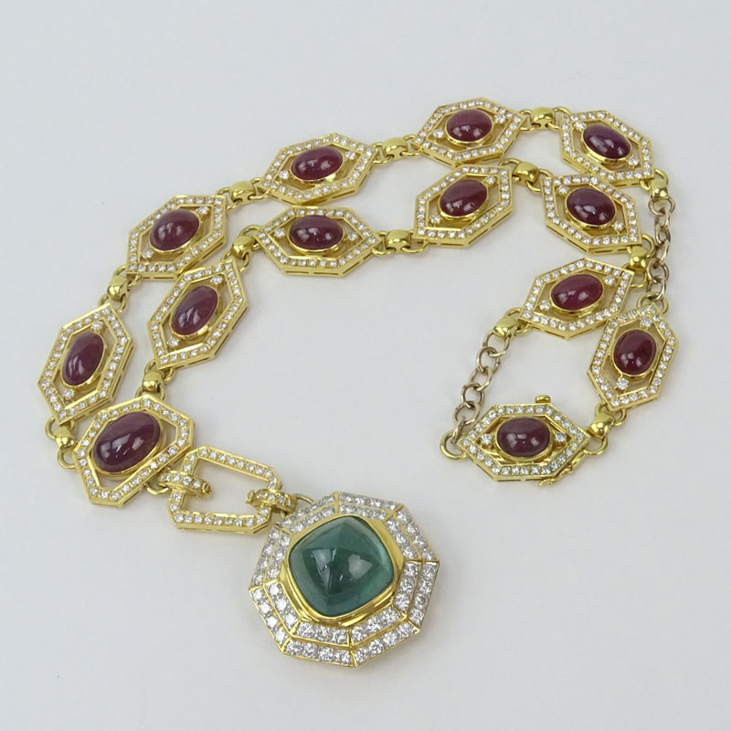 Vintage David Webb style Large Sugar Loaf Cabochon Emerald, Thirteen (13) Cabochon Ruby, Approx. 17.0-18.0 Carat Pave Set Diamond and 18 Karat Yellow Gold Detachable Pendant Necklace.