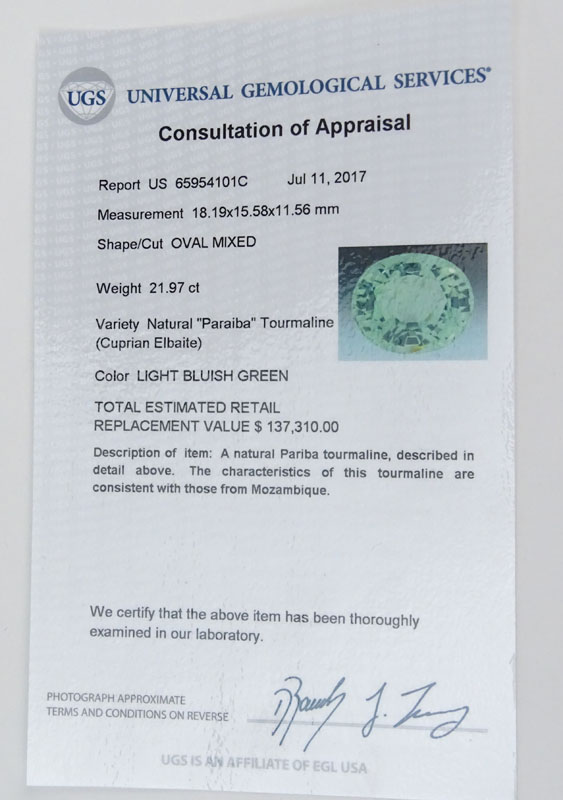 Rare EGL and BHGL Certified 18.7 Carat Oval Cut Mozambique Paraiba Tourmaline, 2.5 Carat Pave Set Diamond and 18 Karat White Gold Ring. 