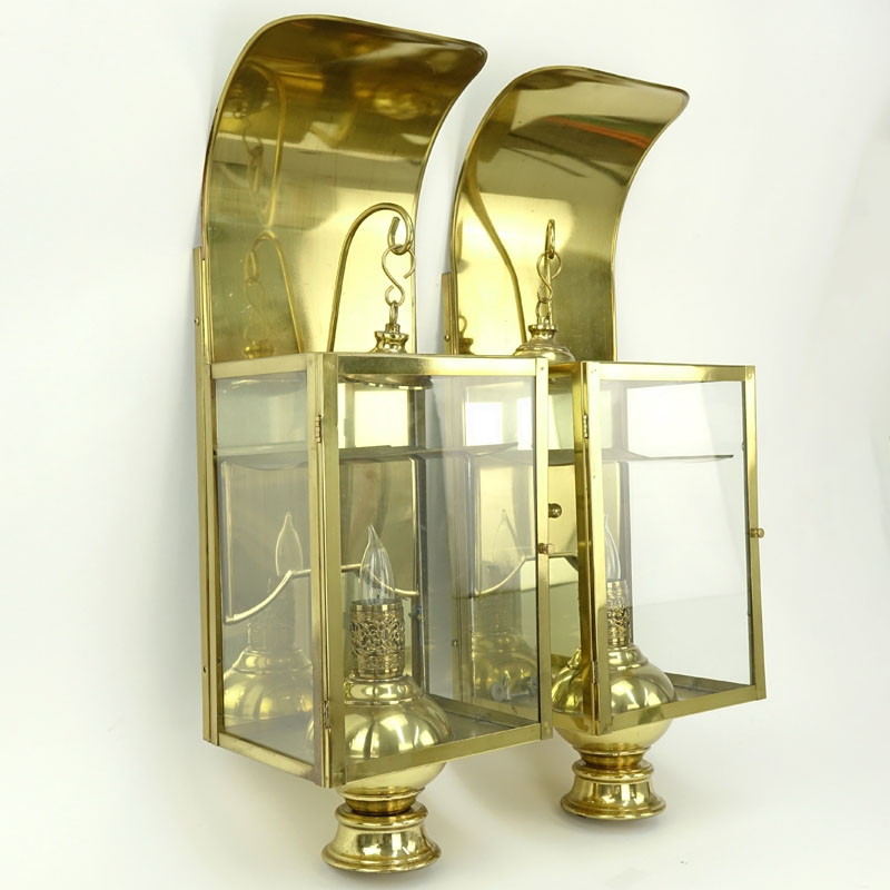 Pair of Modern Brass and Glass Wall Light Fixtures.