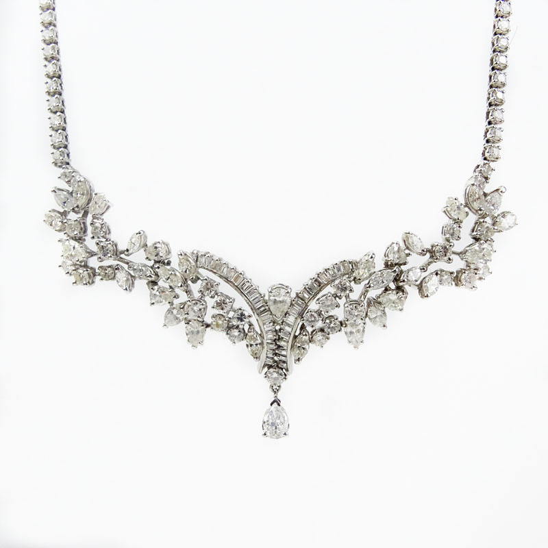 Vintage Approx. 19.0-20.0 Carat Round Brilliant, Pear and Baguette Diamond and 14K White Gold Pendant Necklace. 