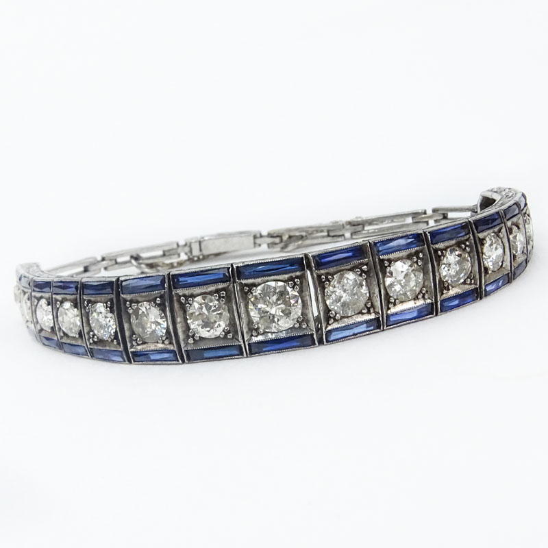 Art Deco Circa 1920s Approx. 3.25 Carat Old European Cut Diamond, Sapphire and Silver Bracelet. 