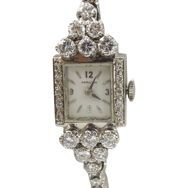 Lady's Vintage Approx. 3.50 Carat Round Brilliant Cut Diamond and 14 Karat White Gold Hamilton Bracelet Watch with Manual Movement.