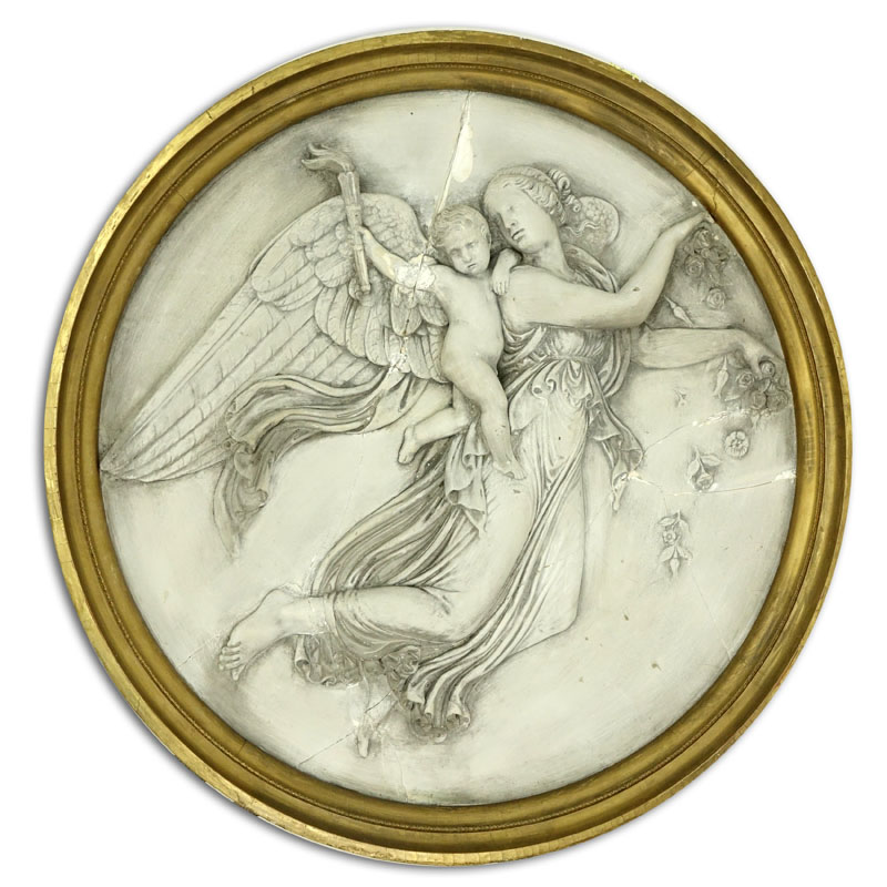 Large Vintage Framed Plaster Relief Plaque "Lady And Cherub"