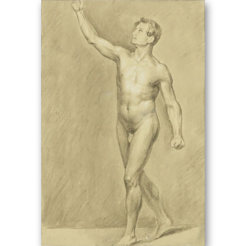 18th Century European School Charcoal With White Highlights On Paper "Male Nude Front View" Unsigned. 