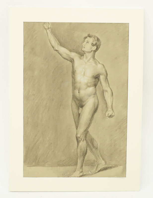 18th Century European School Charcoal With White Highlights On Paper "Male Nude Front View" Unsigned. 