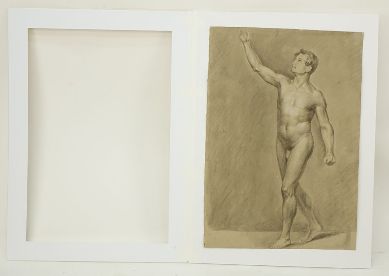 18th Century European School Charcoal With White Highlights On Paper "Male Nude Front View" Unsigned. 