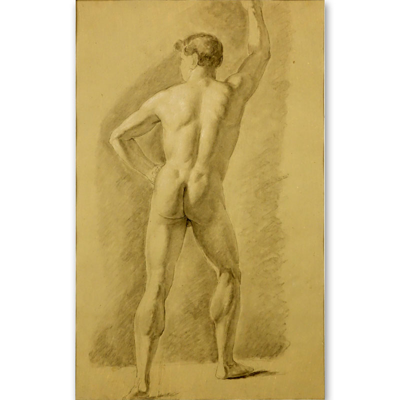 18th Century European School Charcoal With White Highlights On Paper "Male Nude Rear View" Unsigned. 