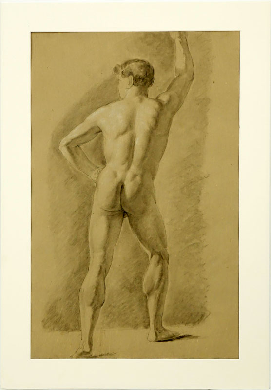 18th Century European School Charcoal With White Highlights On Paper "Male Nude Rear View" Unsigned. 