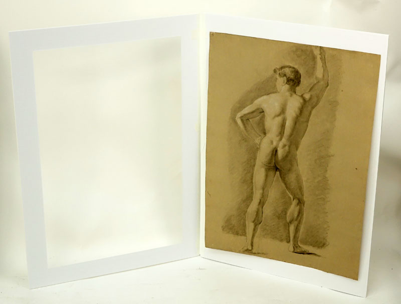 18th Century European School Charcoal With White Highlights On Paper "Male Nude Rear View" Unsigned. 