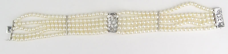 Vintage Approx. 4.0 Carat Diamond, Pearl and 14 Karat White Gold Five (5) Strand Choker Necklace. 