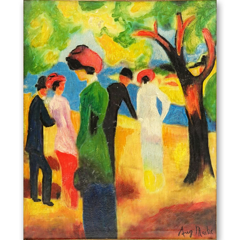 After: Auguste Robert Ludwig Macke, German  (1887 - 1914) Oil on canvas "Strolling In The Park". 