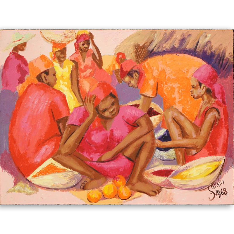 Petion Savin, Haitian (born 1927) Acrylic on board "Fruit Sellers".