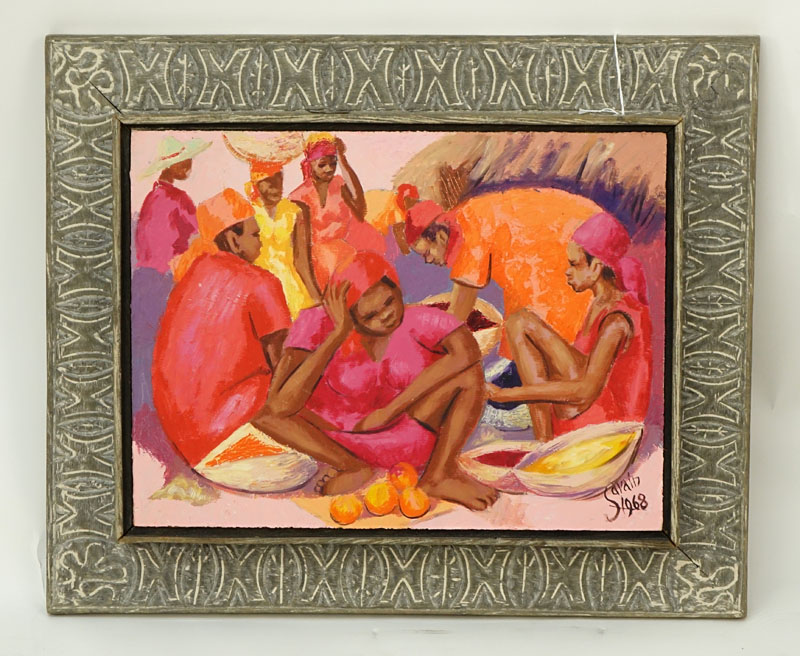 Petion Savin, Haitian (born 1927) Acrylic on board "Fruit Sellers".