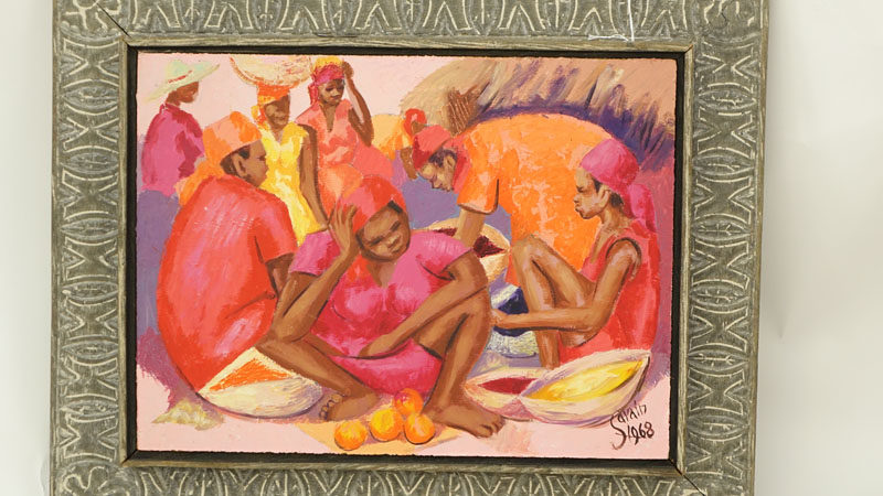 Petion Savin, Haitian (born 1927) Acrylic on board "Fruit Sellers".