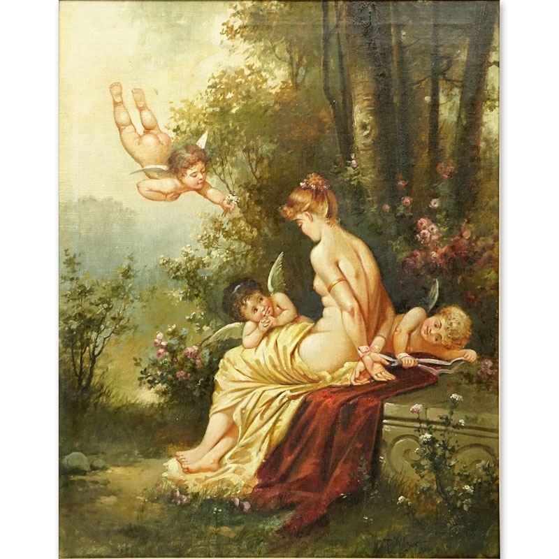 19/20th Century Oil On Canvas "Maiden With Cherubs". 