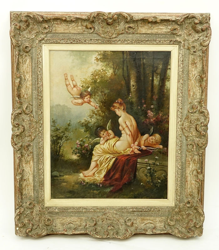 19/20th Century Oil On Canvas "Maiden With Cherubs". 