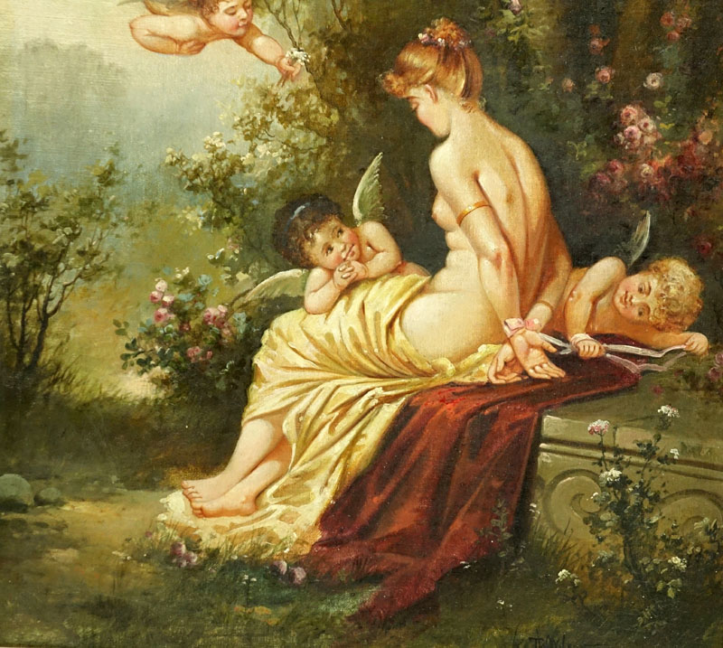 19/20th Century Oil On Canvas "Maiden With Cherubs". 