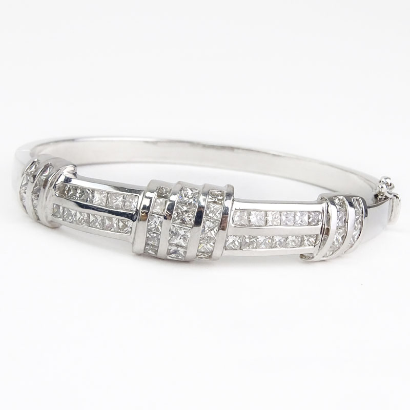 Approx. 6.50 Carat Princess Cut Diamond and 18 Karat White Gold Hinged Bangle Bracelet.