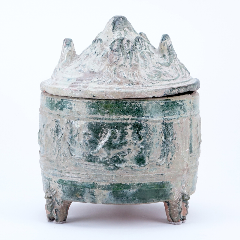 Chinese Han Dynasty or After Polychrome Glazed Pottery Hill Jar with Cover.