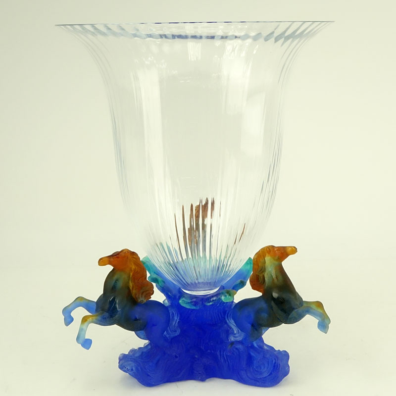 Daum Marly Blue Crystal and Pate de Verre Centerpiece Vase in Original Fitted Box.