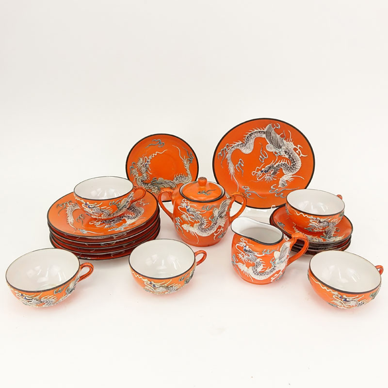 Seventeen (17) Piece Vintage Japanese Orange Dragonware Moriage Partial Dessert Set.